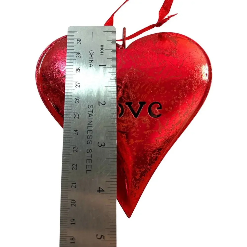 Set of 3 Red Metal Love Heart Hanging Ornaments Rustic Valentine 4.5”